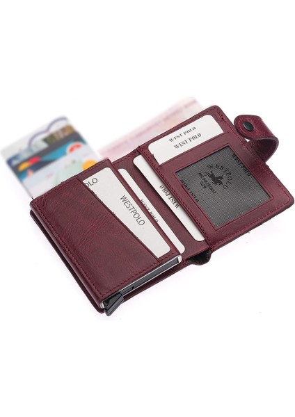 Bozuk Para ve Bol Kart Bölmeli Unisex Eskitme Hakiki Deri Mekanizmalı Kartlık - Bordo fırsatları