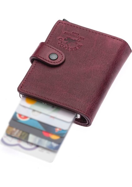 Bozuk Para ve Bol Kart Bölmeli Unisex Eskitme Hakiki Deri Mekanizmalı Kartlık - Bordo indirimleri