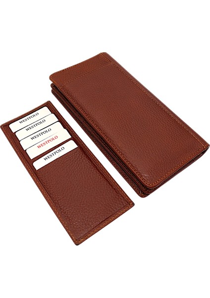 Hakiki Deri Bol Kart Bölmeli Unisex Uzun Cüzdan - Taba
