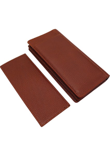 Hakiki Deri Bol Kart Bölmeli Unisex Uzun Cüzdan - Taba