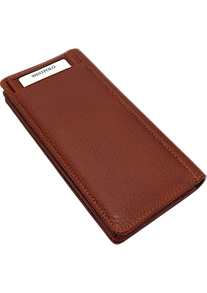 Hakiki Deri Bol Kart Bölmeli Unisex Uzun Cüzdan - Taba