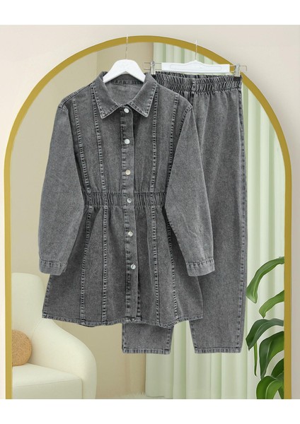 Beli Lastikli Boydan Düğmeli Ceket Pantolon Kot Takım