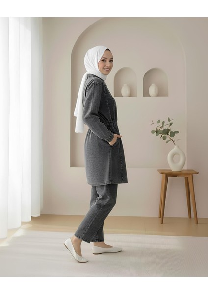 Beli Lastikli Boydan Düğmeli Ceket Pantolon Kot Takım fırsatları