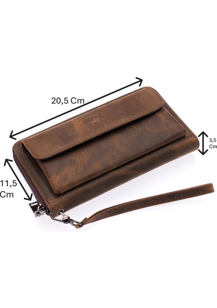 Daisy Unisex Hakiki Eskitme Deri Kağıt Para ve Telefon Bölmeli Uzun Cüzdan - G2 Taba