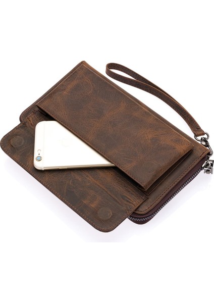 Daisy Unisex Hakiki Eskitme Deri Kağıt Para ve Telefon Bölmeli Uzun Cüzdan - G2 Taba modelleri