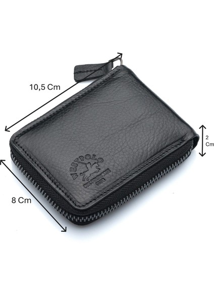 Hakiki Deri Kağıt Para ve Bol Şeffaf Kart Bölmeli, Fermuarlı Unisex Kartlık - Siyah