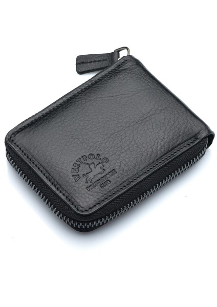 Hakiki Deri Kağıt Para ve Bol Şeffaf Kart Bölmeli, Fermuarlı Unisex Kartlık - Siyah fiyatları