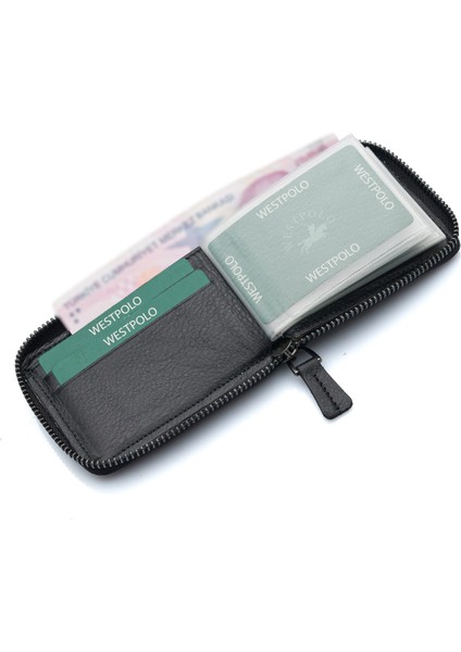 Hakiki Deri Kağıt Para ve Bol Şeffaf Kart Bölmeli, Fermuarlı Unisex Kartlık - Siyah modelleri