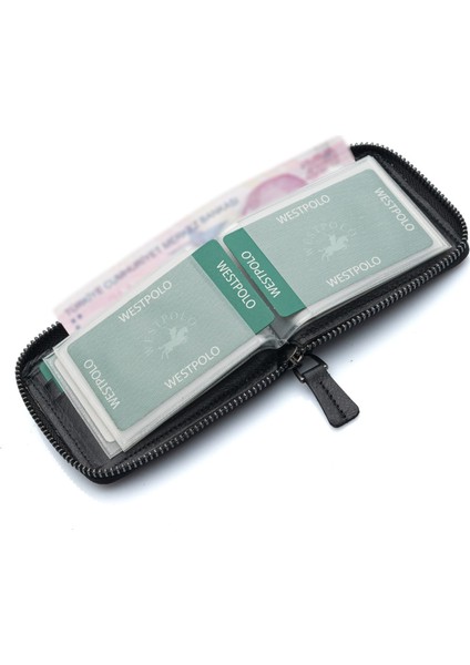 Hakiki Deri Kağıt Para ve Bol Şeffaf Kart Bölmeli, Fermuarlı Unisex Kartlık - Siyah fırsatları