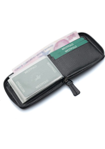 Hakiki Deri Kağıt Para ve Bol Şeffaf Kart Bölmeli, Fermuarlı Unisex Kartlık - Siyah indirimleri