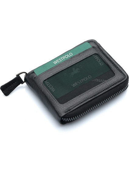 Hakiki Deri Kağıt Para ve Bol Şeffaf Kart Bölmeli, Fermuarlı Unisex Kartlık - Siyah