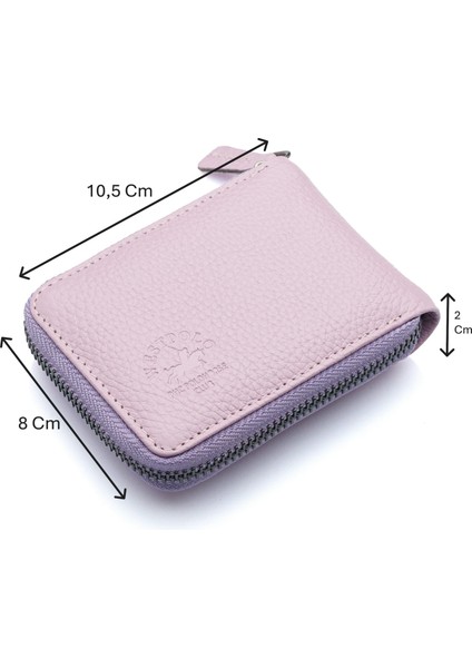 Hakiki Deri Kağıt Para ve Bol Şeffaf Kart Bölmeli, Fermuarlı Unisex Kartlık - Lavanta Pembe