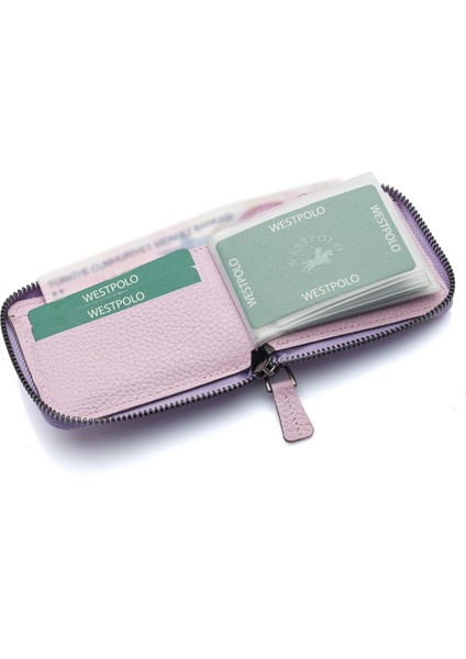 Hakiki Deri Kağıt Para ve Bol Şeffaf Kart Bölmeli, Fermuarlı Unisex Kartlık - Lavanta Pembe modelleri
