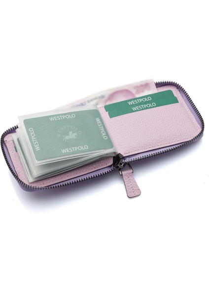 Hakiki Deri Kağıt Para ve Bol Şeffaf Kart Bölmeli, Fermuarlı Unisex Kartlık - Lavanta Pembe indirimleri