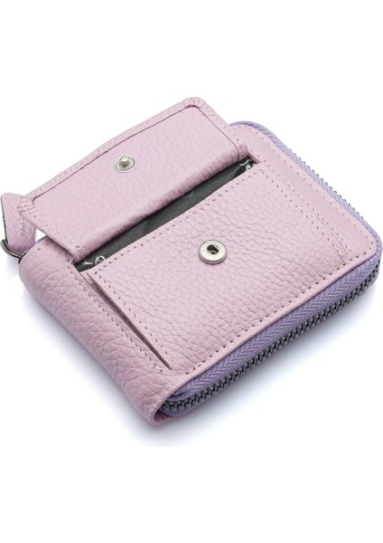 Hakiki Deri Kağıt Para ve Bol Şeffaf Kart Bölmeli, Fermuarlı Unisex Kartlık - Lavanta Pembe