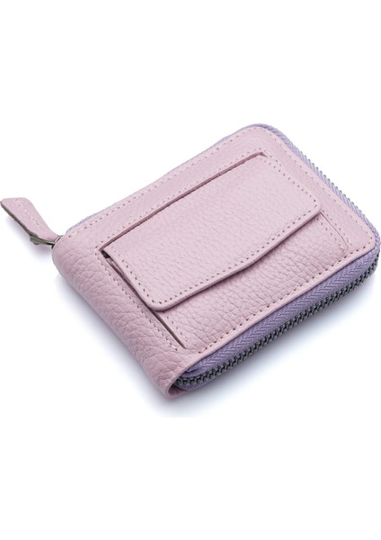 Hakiki Deri Kağıt Para ve Bol Şeffaf Kart Bölmeli, Fermuarlı Unisex Kartlık - Lavanta Pembe