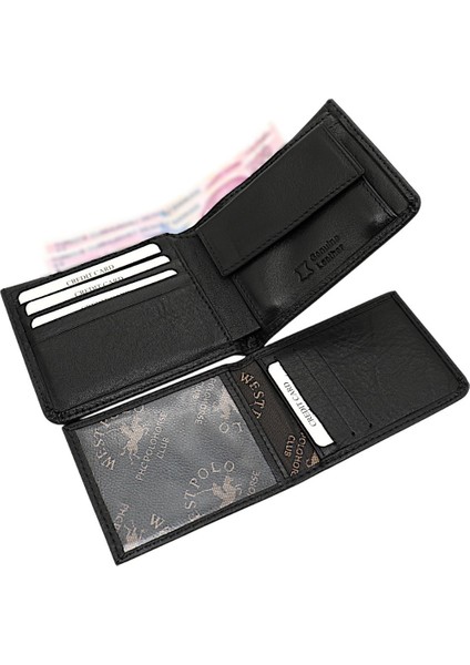Hakiki Deri Kağıt Para, Bozuk Para ve Bol Kart Bölmeli Erkek Cüzdanı - Siyah fırsatları
