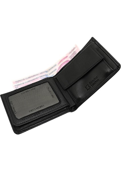 Hakiki Deri Kağıt Para, Bozuk Para ve Bol Kart Bölmeli Erkek Cüzdanı - Siyah