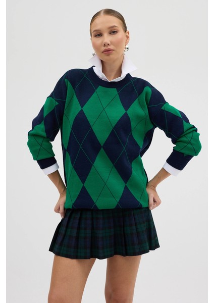 Lacivert Yeşil Baklava Desenli Yarım Balıkçı Yaka Oversize Triko Kazak