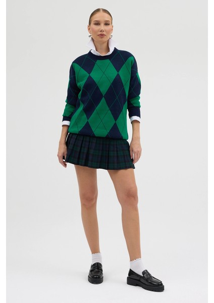 Lacivert Yeşil Baklava Desenli Yarım Balıkçı Yaka Oversize Triko Kazak fiyatları