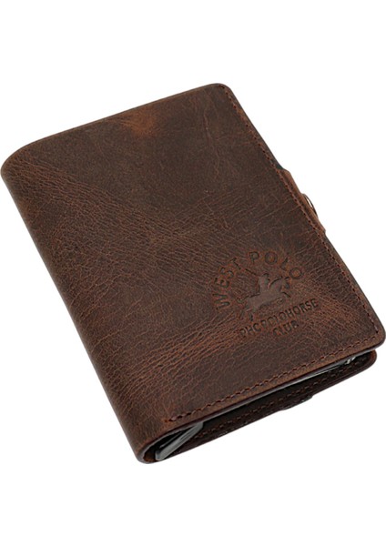 Hakiki Eskitme Deri Bozuk Para Bölmeli ve Mekanizmalı Unisex Cüzdan - Kahverengi fiyatları