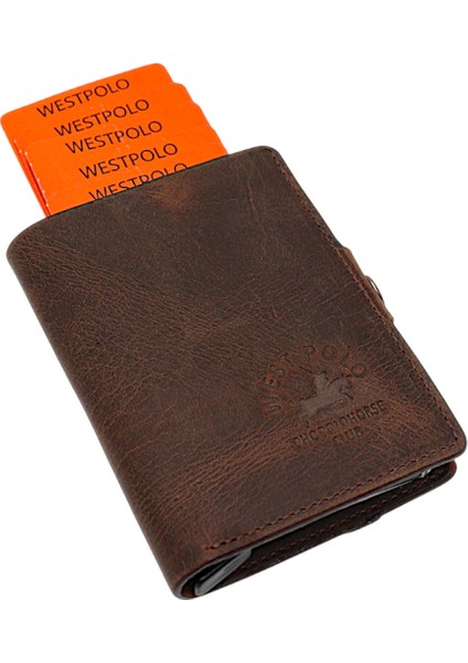 Hakiki Eskitme Deri Bozuk Para Bölmeli ve Mekanizmalı Unisex Cüzdan - Kahverengi modelleri