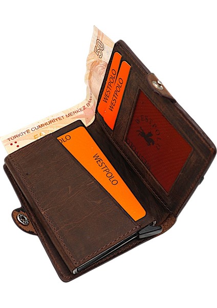 Hakiki Eskitme Deri Bozuk Para Bölmeli ve Mekanizmalı Unisex Cüzdan - Kahverengi fırsatları