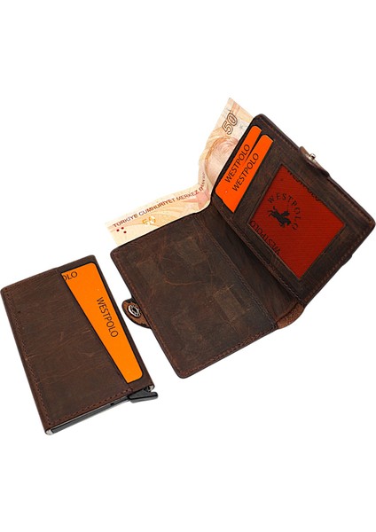 Hakiki Eskitme Deri Bozuk Para Bölmeli ve Mekanizmalı Unisex Cüzdan - Kahverengi indirimleri