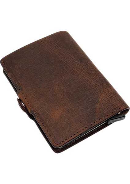 Hakiki Eskitme Deri Bozuk Para Bölmeli ve Mekanizmalı Unisex Cüzdan - Kahverengi