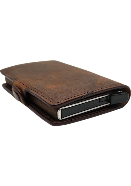 Hakiki Eskitme Deri Bozuk Para Bölmeli ve Mekanizmalı Unisex Cüzdan - Kahverengi