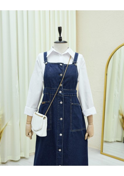 Boydan Düğmeli Çift Cepli Kot Salopet