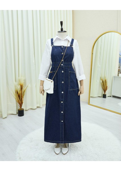 Boydan Düğmeli Çift Cepli Kot Salopet fiyatları