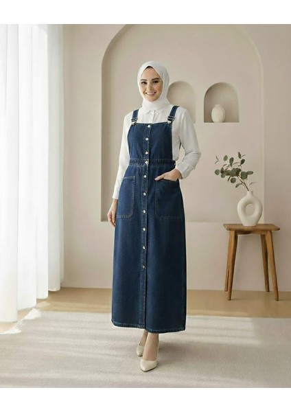 Boydan Düğmeli Çift Cepli Kot Salopet modelleri