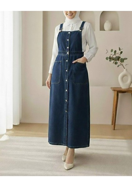 Boydan Düğmeli Çift Cepli Kot Salopet fırsatları