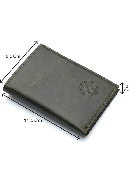 Hakiki Eskitme Deri Kağıt Para ve Bol Kart Bölmeli Unisex Cüzdan - Haki