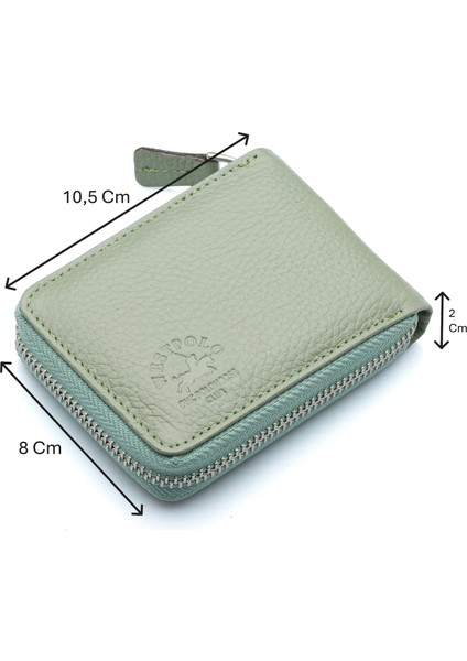 Hakiki Deri Kağıt Para ve Bol Şeffaf Kart Bölmeli, Fermuarlı Unisex Kartlık - Mint Yeşili