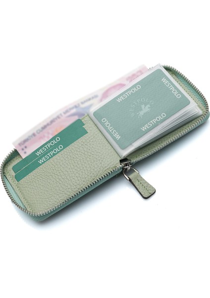 Hakiki Deri Kağıt Para ve Bol Şeffaf Kart Bölmeli, Fermuarlı Unisex Kartlık - Mint Yeşili modelleri