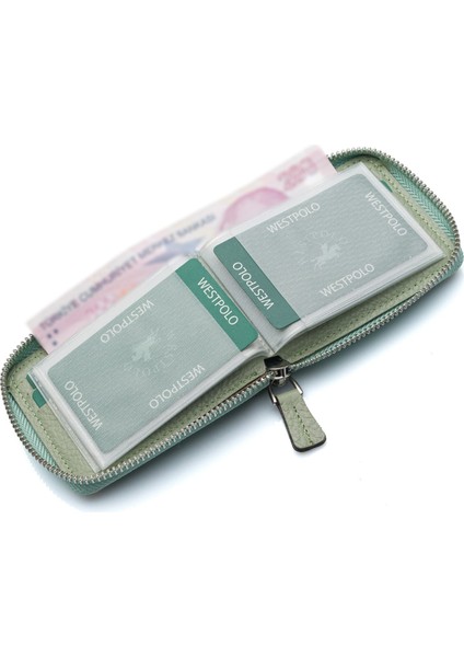 Hakiki Deri Kağıt Para ve Bol Şeffaf Kart Bölmeli, Fermuarlı Unisex Kartlık - Mint Yeşili fırsatları