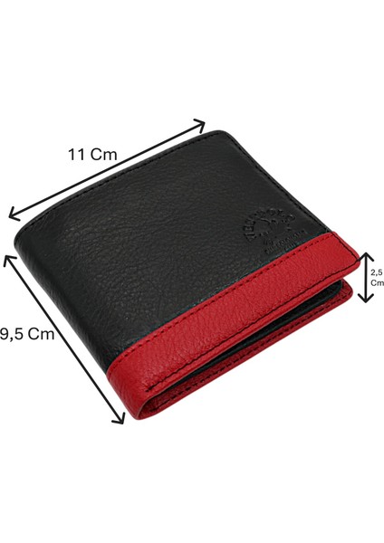 Hakiki Deri Kağıt Para ve Bol Kart Bölmeli Erkek Cüzdanı - Siyah-Kırmızı