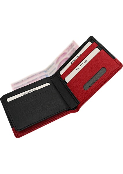 Hakiki Deri Kağıt Para ve Bol Kart Bölmeli Erkek Cüzdanı - Siyah-Kırmızı fırsatları