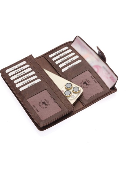 Hakiki Eskitme Deri Kağıt Para, Bol Kart ve Telefon Bölmeli Unisex Uzun Cüzdan - Kapuçino modelleri