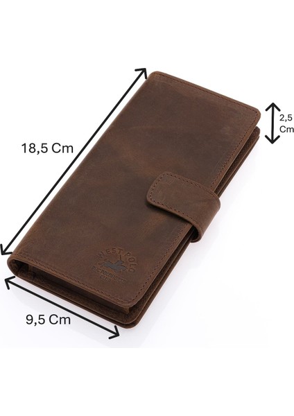 Hakiki Eskitme Deri Kağıt Para, Bol Kart ve Telefon Bölmeli Unisex Uzun Cüzdan - G6 Kahve