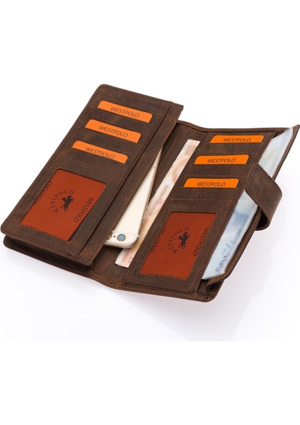 Hakiki Eskitme Deri Kağıt Para, Bol Kart ve Telefon Bölmeli Unisex Uzun Cüzdan - G6 Kahve modelleri