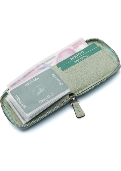 Hakiki Deri Kağıt Para ve Bol Şeffaf Kart Bölmeli, Fermuarlı Unisex Kartlık - Mint Yeşili indirimleri