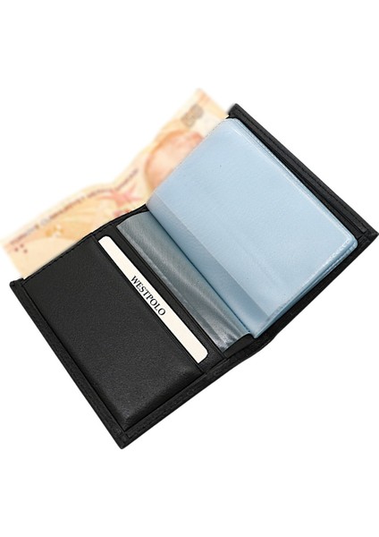 Hakiki Deri Kağıt Para ve Bol Şeffaf Kart Bölmeli Unisex Kartlık - Siyah fiyatları