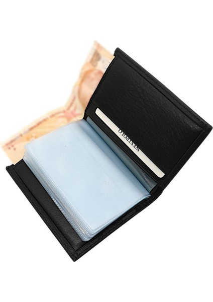 Hakiki Deri Kağıt Para ve Bol Şeffaf Kart Bölmeli Unisex Kartlık - Siyah fırsatları