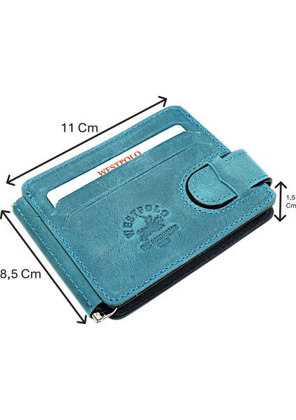 Hakiki Eskitme Deri Kuşaklı Kağıt Para Klipsli Unisex Kartlık - Turkuaz Mavi-Lacivert
