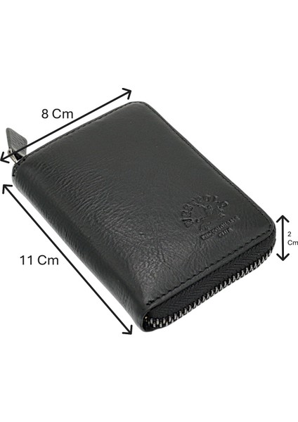 Hakiki Deri Kağıt Para ve Bol Şeffaf Kart Bölmeli, Fermuarlı Unisex Kartlık - Siyah