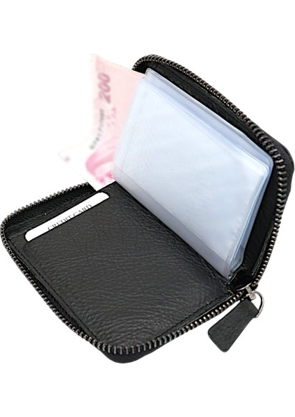 Hakiki Deri Kağıt Para ve Bol Şeffaf Kart Bölmeli, Fermuarlı Unisex Kartlık - Siyah modelleri