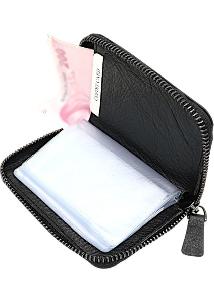 Hakiki Deri Kağıt Para ve Bol Şeffaf Kart Bölmeli, Fermuarlı Unisex Kartlık - Siyah fırsatları